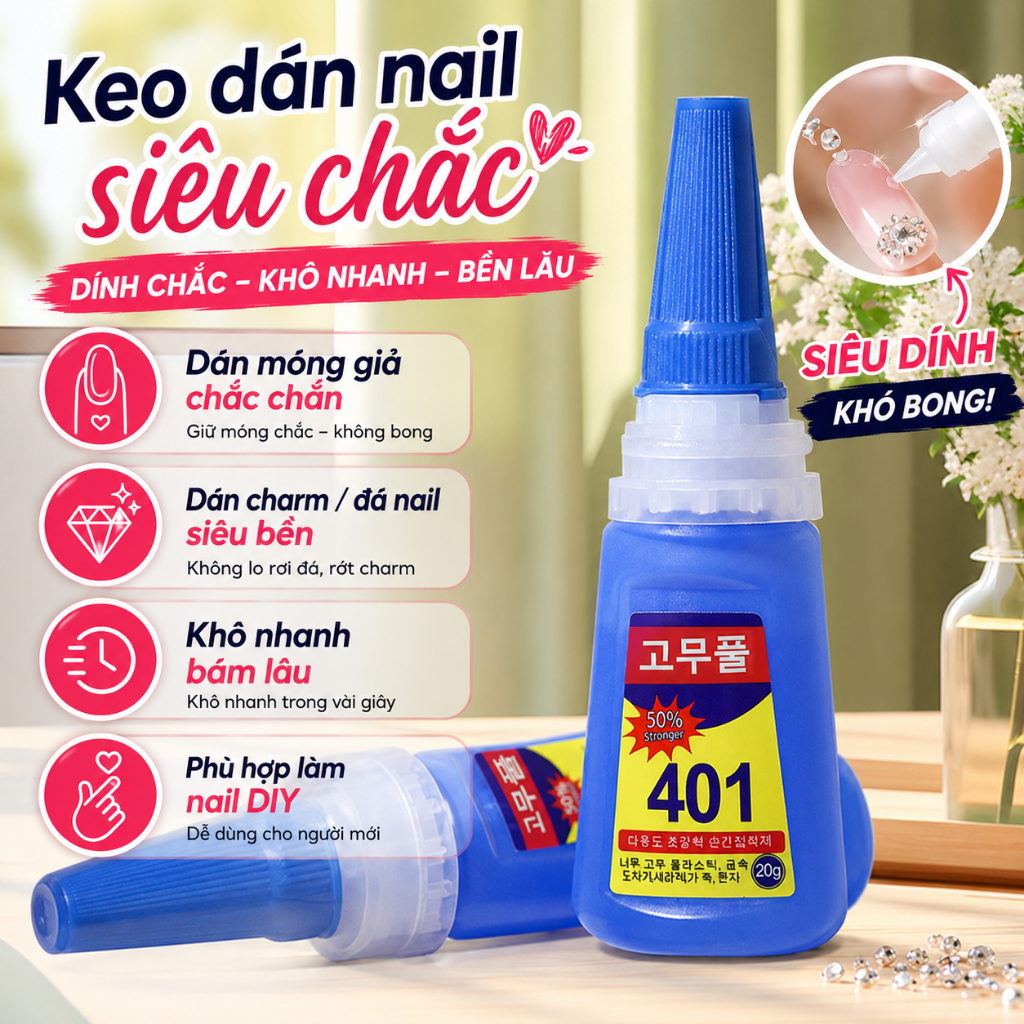 Bộ Gel Nối Móng 401 Cho Người Mới - Keo Gel + Đèn Mini + Dụng Cụ Làm Móng