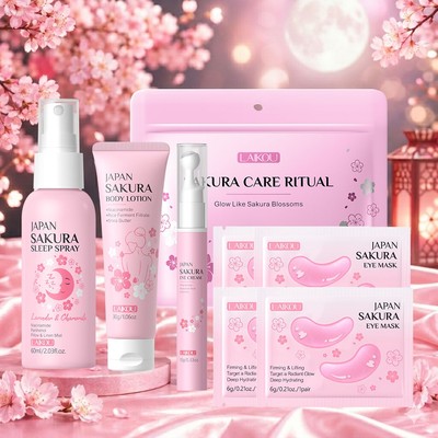 Bộ chăm sóc và thư giãn mắt LAIKOU Sakura - Kem dưỡng mắt dạng cuộn + Mặt nạ mắt làm sáng + Xịt ngủ & Sữa dưỡng thể | Bộ phục hồi mắt mệt mỏi (5 trong 1)