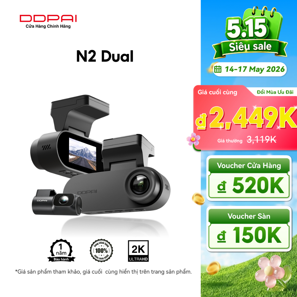 Cam Dash siêu tụ điện DDPAI N2 2K 1440P với NightVIS 2.0