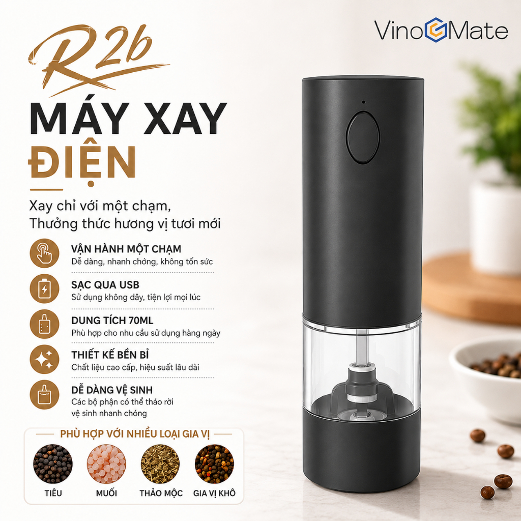 Máy xay tiêu điện|Máy xay tiêu|R2b / Hộp nhựa đen / có thể sạc lại