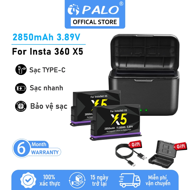 PALO Insta360 X5 Hộp sạc hai khe+ Bộ 2 Pin 2850mAh Sạc nhanh cho camera Insta360 X5