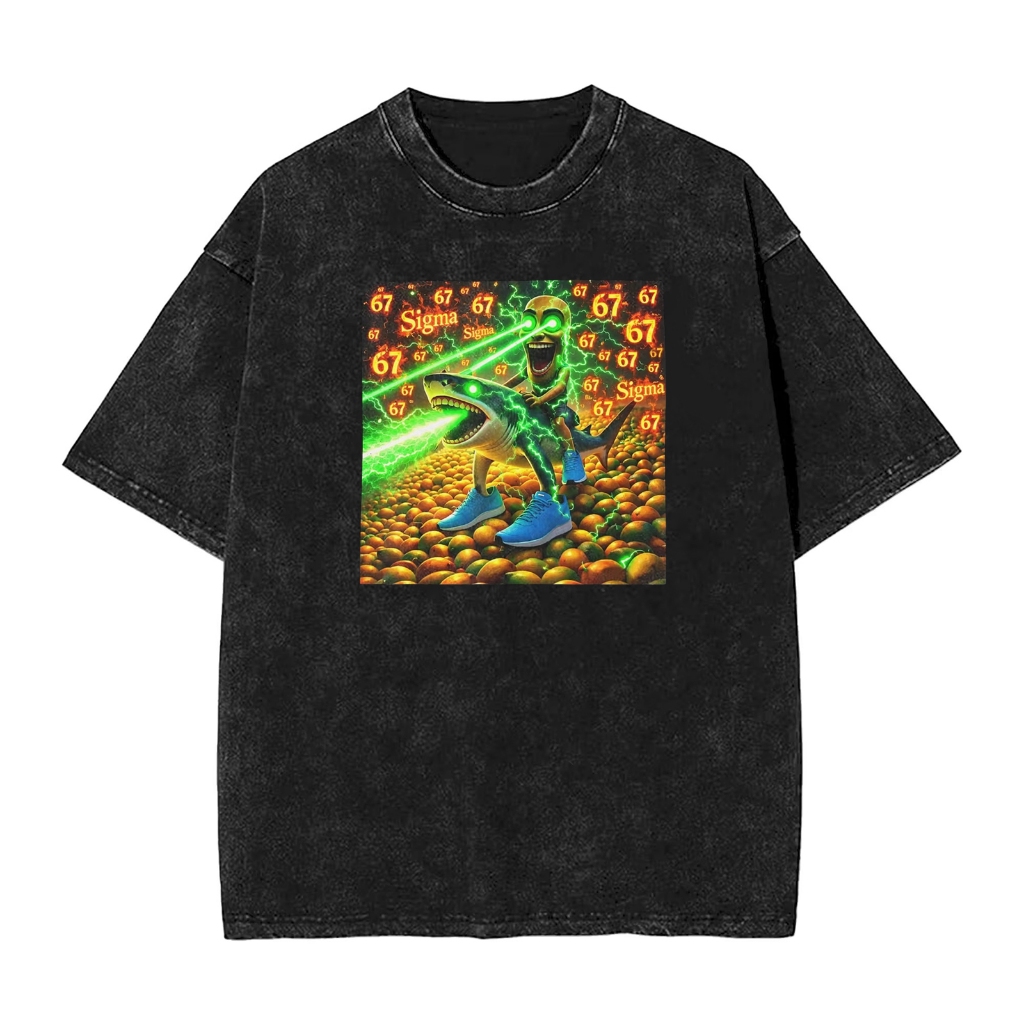 Ngộ nghĩnh Tung Saur Cưỡi Tralalero 67 Mango Tuff Meme Áo thun Cotton giặt thời trang nam
