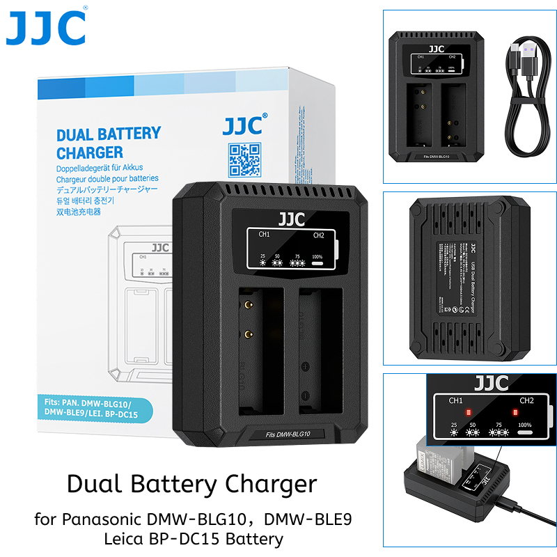 Bộ sạc pin JJC DMW-BLG10 BLE9 BP-DC15 cho máy ảnh Panasonic Lumix LX100 II ZS99 TZ99 GX9 GX85 G100 Z
