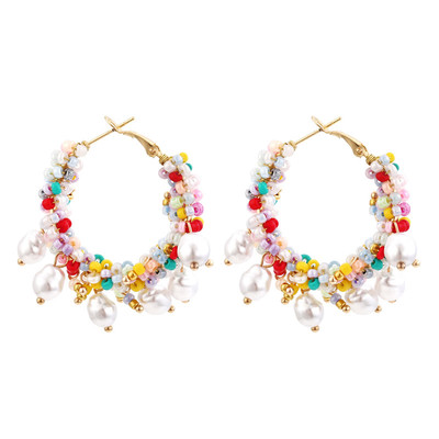 PINKDU Mới BOHO Hạt Hoa Vòng Tròn Thả Bông Tai Sáng Tạo Cá Tính Tính Khí Nhựa Dệt Tòn Ten Bông Tai Nữ PD709