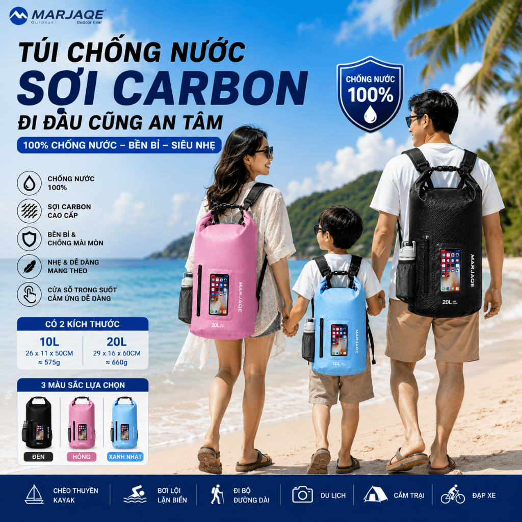 Ocean Pack Balo Túi Chống Nước Sợi Carbon Cao Cấp 10L 20L Dry Bag Chống Nước 100% Có Ngăn Điện Thoại