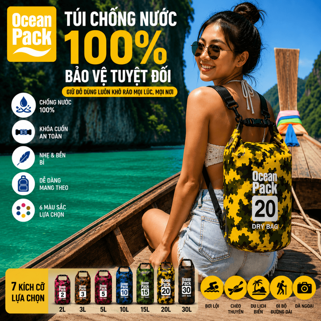 Túi khô chống thấm nước ngụy trang Ocean Pack – 2L / 3L / 5L / 10L / 15L / 20L / 30L Túi khô dạng cu
