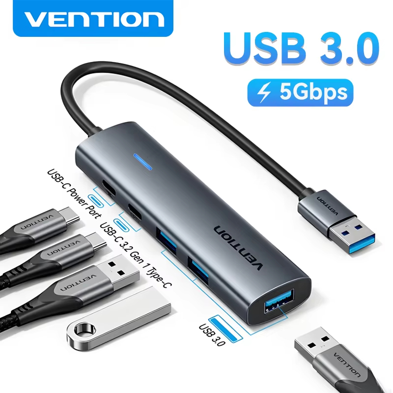 Vention USB A 3.0 HUB Vỏ kim loại USB C 3.2 Gen 1 5Gbps Bộ chia đa năng cho Macbook Air Dell Lenovo 