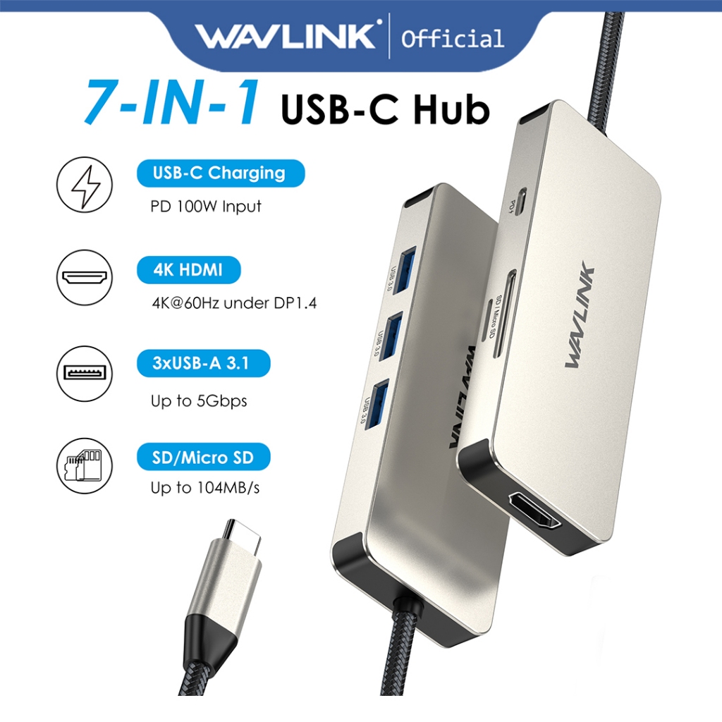 Đế USB C 7 trong 1 WAVLINK, Bộ chuyển đổi đa cổng với đầu ra HDMI 4K, Đầu vào PD 100W, USB3.1 3 x 5G