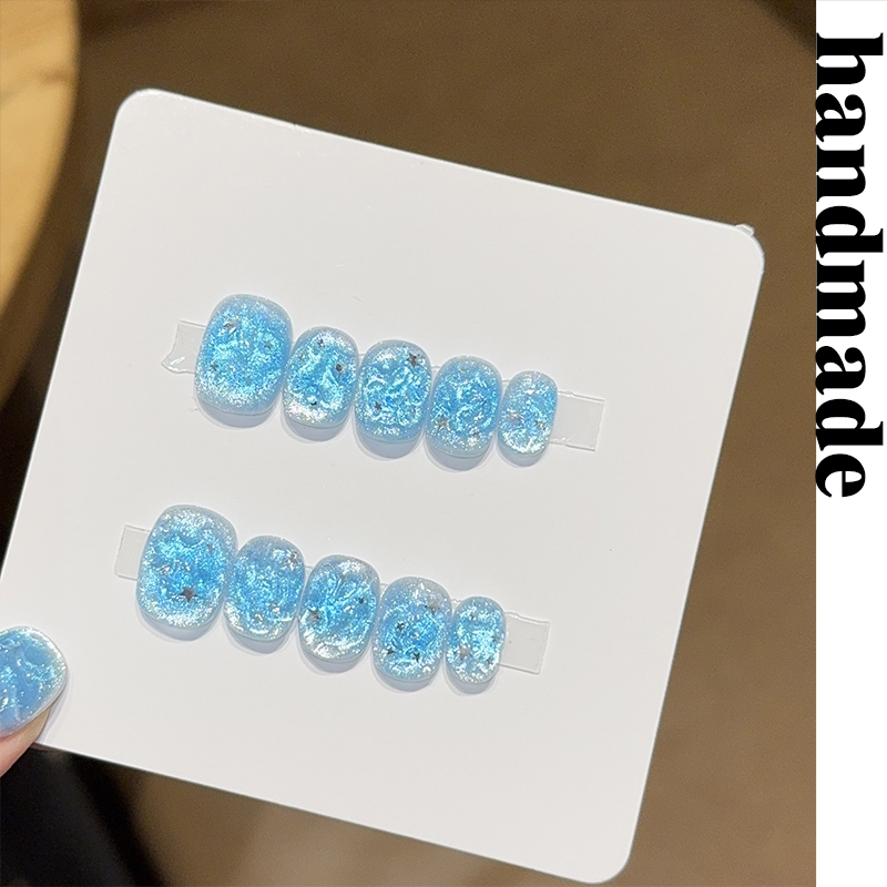 Bấm vào móng tay handmade [Ice Snow Melting] ins Clear Cat 's Eye handmade Đeo Miếng dán móng tay Mi