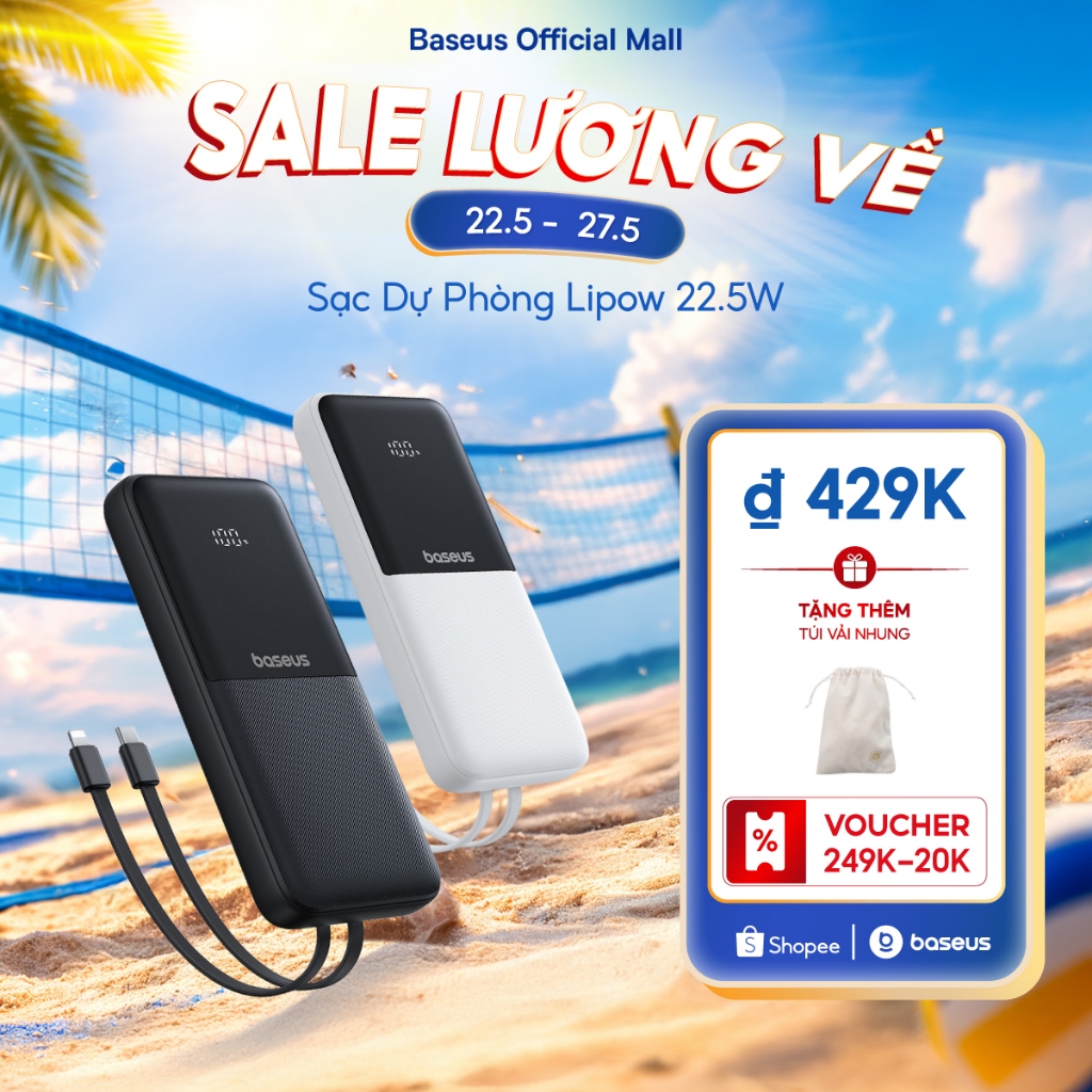 Sạc Dự Phòng Baseus Lipow 20000mAh – Cáp Kép, Màn Hình Kỹ Thuật Số, Công Suất 22.5W | BigBuy360 - bigbuy360.vn