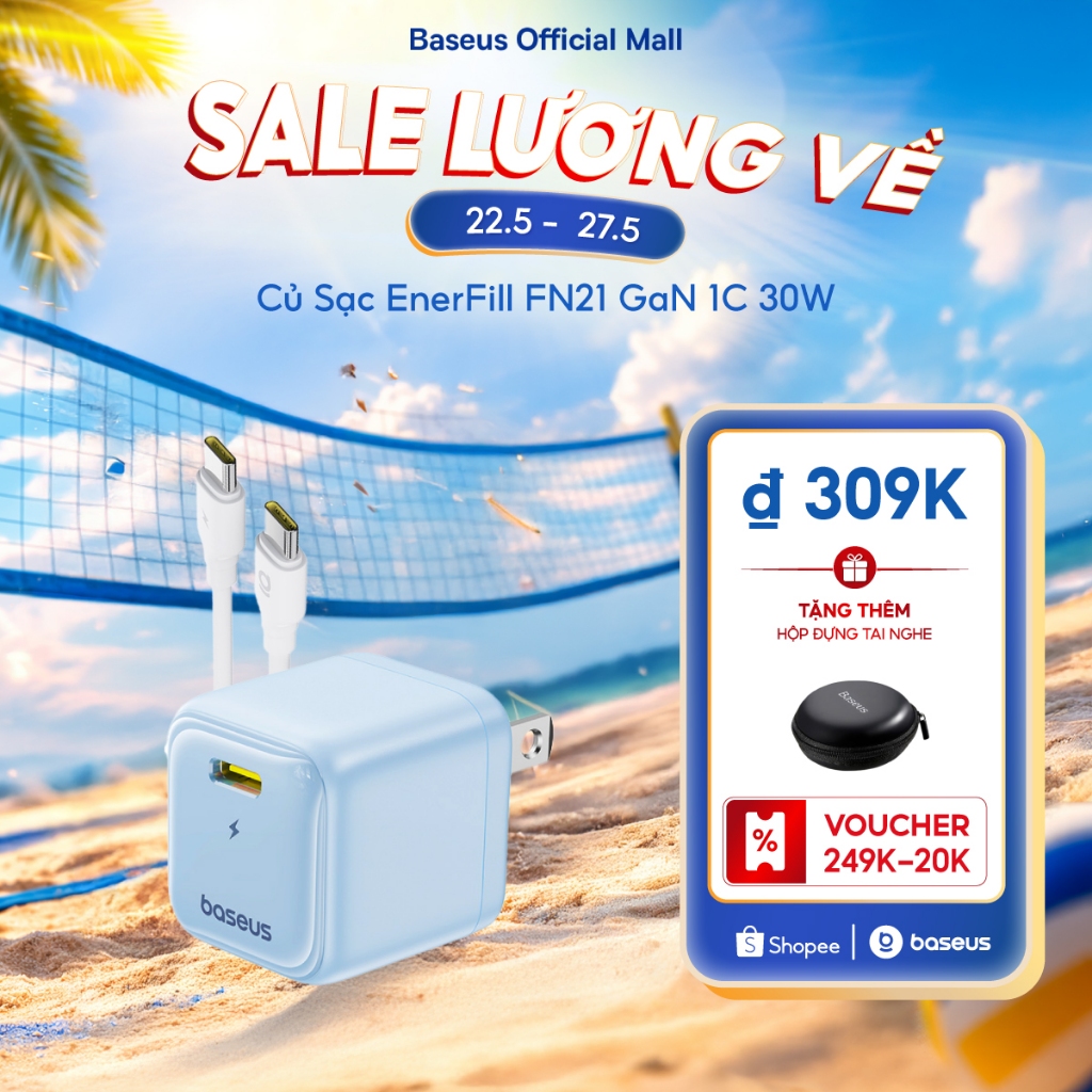 Củ Sạc EnerFill FN21 GaN 1C 30W Baseus Sạc Nhanh PD 30W Kiểm Soát Nhiệt Độ Thông Minh Kèm Dây Type-C