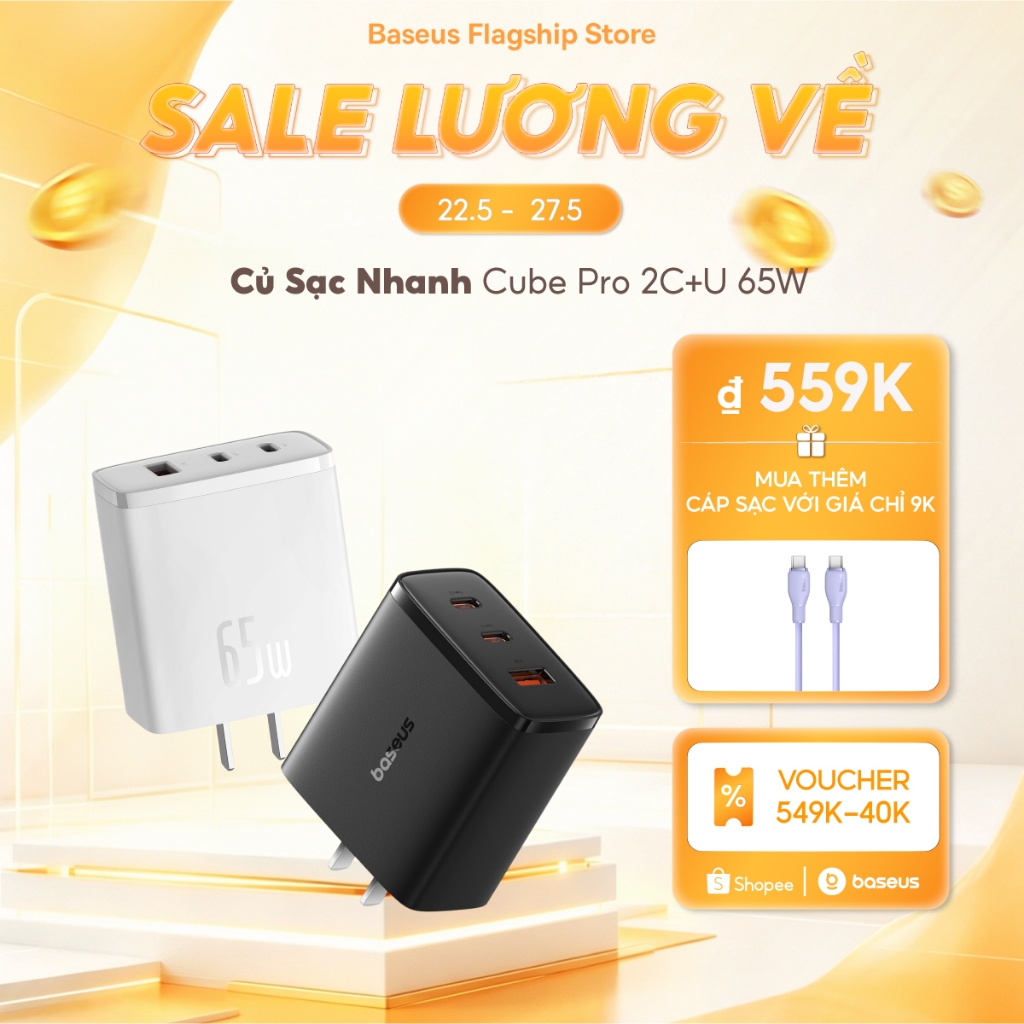 Bộ sạc USB Type C sạc nhanh Baseus 65W GaN cho máy tính xách tay, forTablets