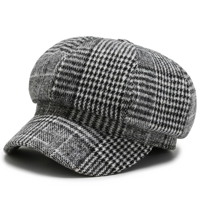 Mũ Cotton Mới Mũ Nồi Nữ Retro ca rô hình bát giác Mũ Họa Sĩ Mũ Mùa Thu Đông Mũ Ấm H114