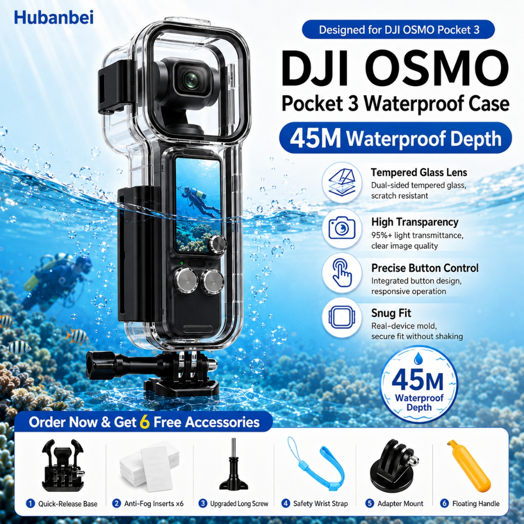 Vỏ chống nước cho DJI Osmo Pocket 3 – Hộp lặn PC bảo vệ, chống nước 45m/147FT kèm phụ kiện cho camer