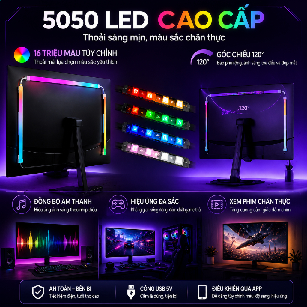 Đèn LED RGB 5050 Dán Màn Hình PC TV | 16 Triệu Màu | Đồng Bộ Âm Thanh | Điều Khiển APP USB 5V