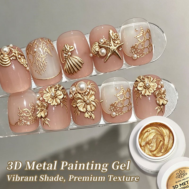 BORN PRETTY Kim Loại Vàng Bạc Móng Tay Điêu Khắc Gel Sơn Móng Tay Chắc Chắn 3D Dập Nổi Gel Chromes 3