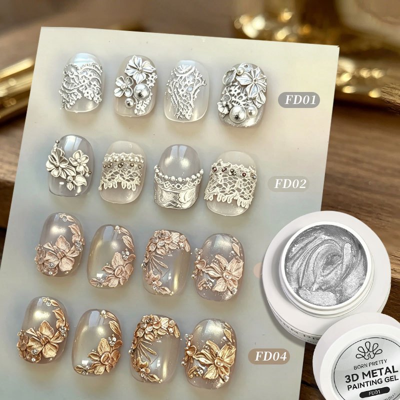 BORN PRETTY Gel Điêu Khắc 3D Kim Loại Cho Móng Tay Nghệ Thuật, Vàng Bạc, Chrome 3D Hoa Khắc, Gel Mở 