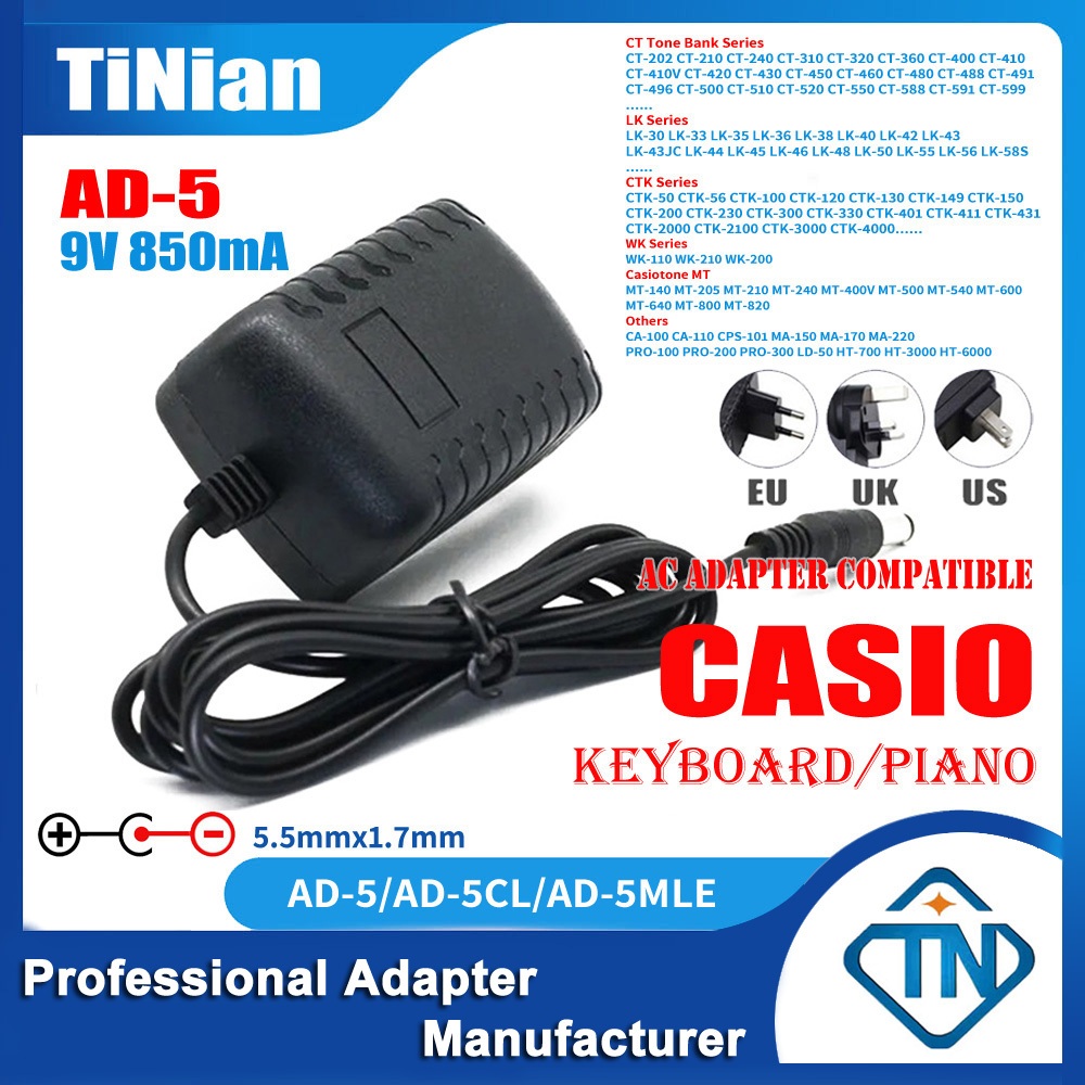 Bộ chuyển đổi nguồn AD-5 9V 850mA cho đàn piano điện Casio CTK-480 CTK-481 CTK-485 CTK-491 CTK-495 C