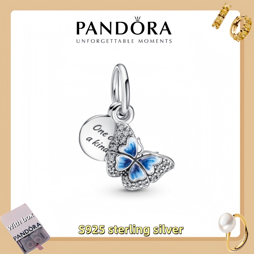 Vòng tay mặt dây chuyền trang sức bằng bạc Pandora S925 (hộp quà tặng miễn phí) Bướm xanh & Trích dẫ
