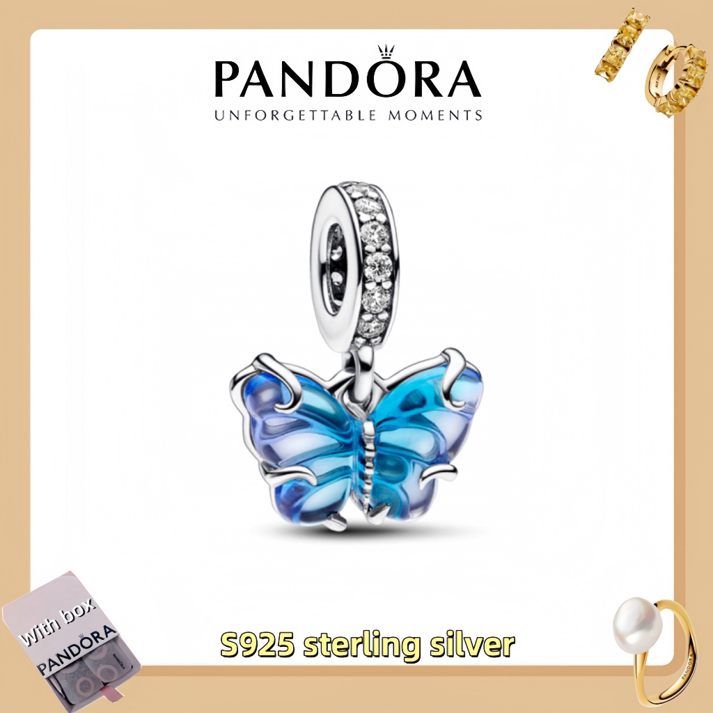 Vòng tay mặt dây chuyền trang sức bạc Pandora S925 (hộp quà tặng miễn phí) Màu xanh Murano Glass But