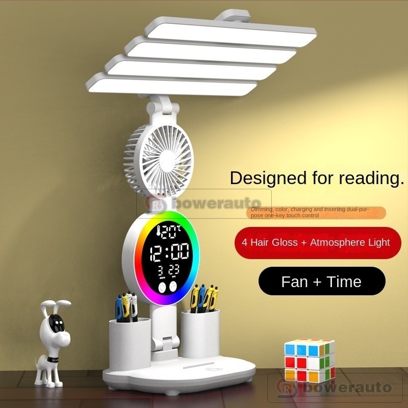 Đèn bàn LED 4 đầu kèm Đồng hồ Lịch và Quạt, cảm ứng, Ống đựng bút, Đèn đọc sách chống mỏi mắt BR-261