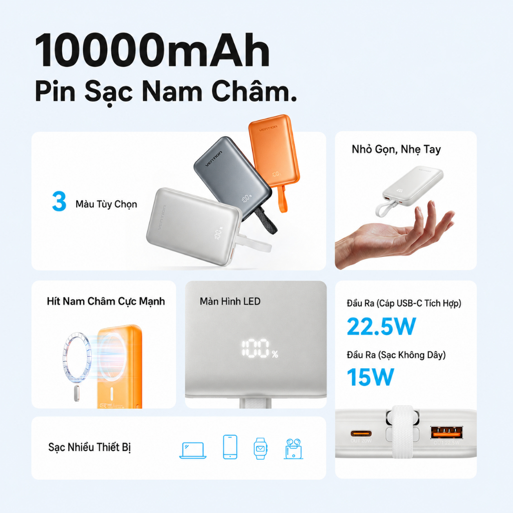 【Hàng mới 2026】Vention Sạc Dự Phòng Màu Cam, Hỗ Trợ Sạc Nhanh Không Dây 15W, Sạc Dự Phòng Từ Tính 10000mAh Cao Cấp Mini, Tương Thích iPhone  Samsung Huawei OPPO Vivo, Hàng Chính Hãng. | BigBuy360 - bigbuy360.vn