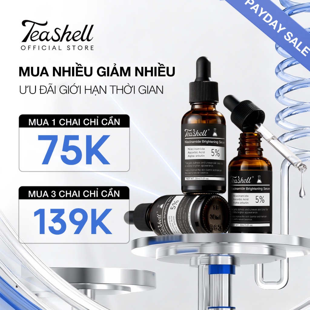Teashell SERUM LÀM SÁNG 5% Niacinamide + Arbutin 30ml Skin Formula Serum-SpotsBrighte, Giảm Vết Thâm