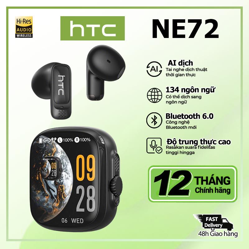HTC NE72 Tai nghe Bluetooth TWS 6.0 — Điều khiển cảm ứng, Tuổi thọ pin 40 giờ, Chế độ chơi game, Hỗ trợ TikTok — Chống nước IPX5 — Nhẹ (3.6g) — Sạc nhanh | BigBuy360 - bigbuy360.vn