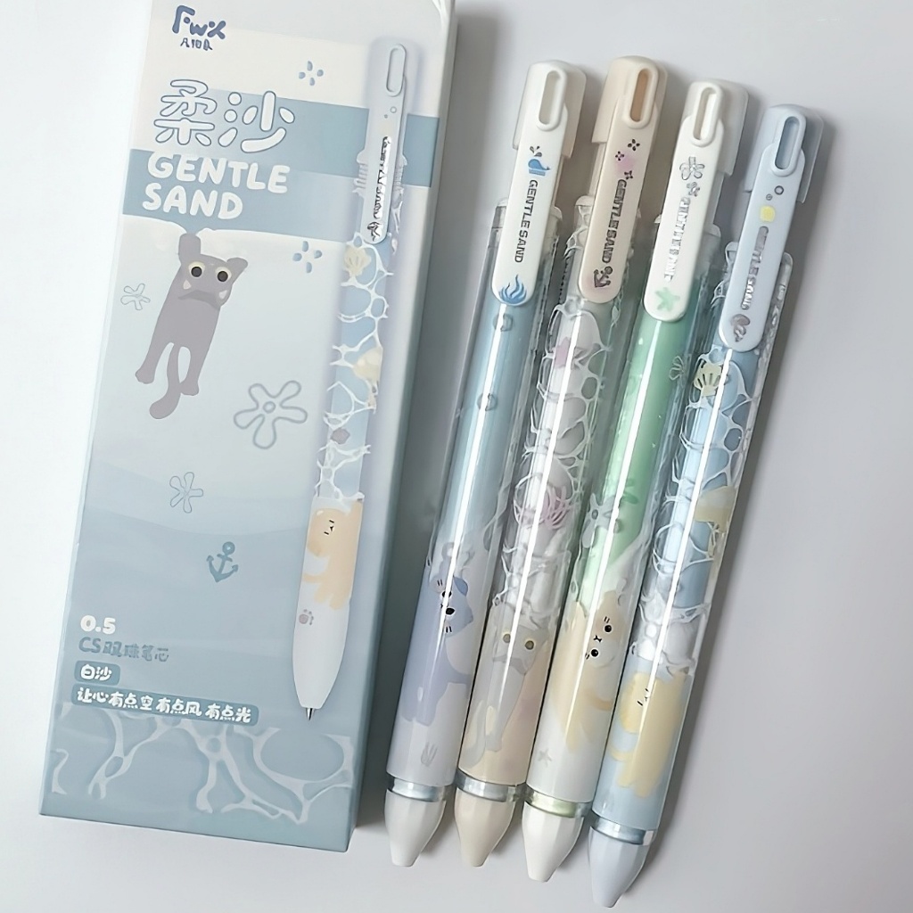 Penlab 4 Bộ Bút Gel Cát Nhẹ Nhàng Họa Tiết Mèo Kawaii Mực Gel Khô Nhanh 0.5 Mm Viết Mịn Màu Đen Học 