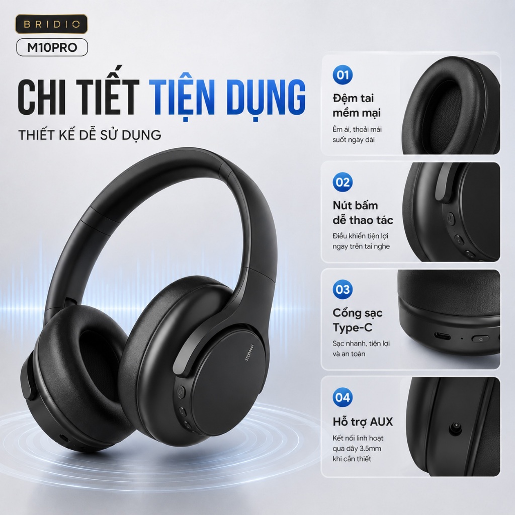 Tai Nghe Chụp Tai Bluetooth BRIDIO M10PRO ANC Chống Ồn Hifi Over Ear Bass Mạnh Đeo Êm | BigBuy360 - bigbuy360.vn