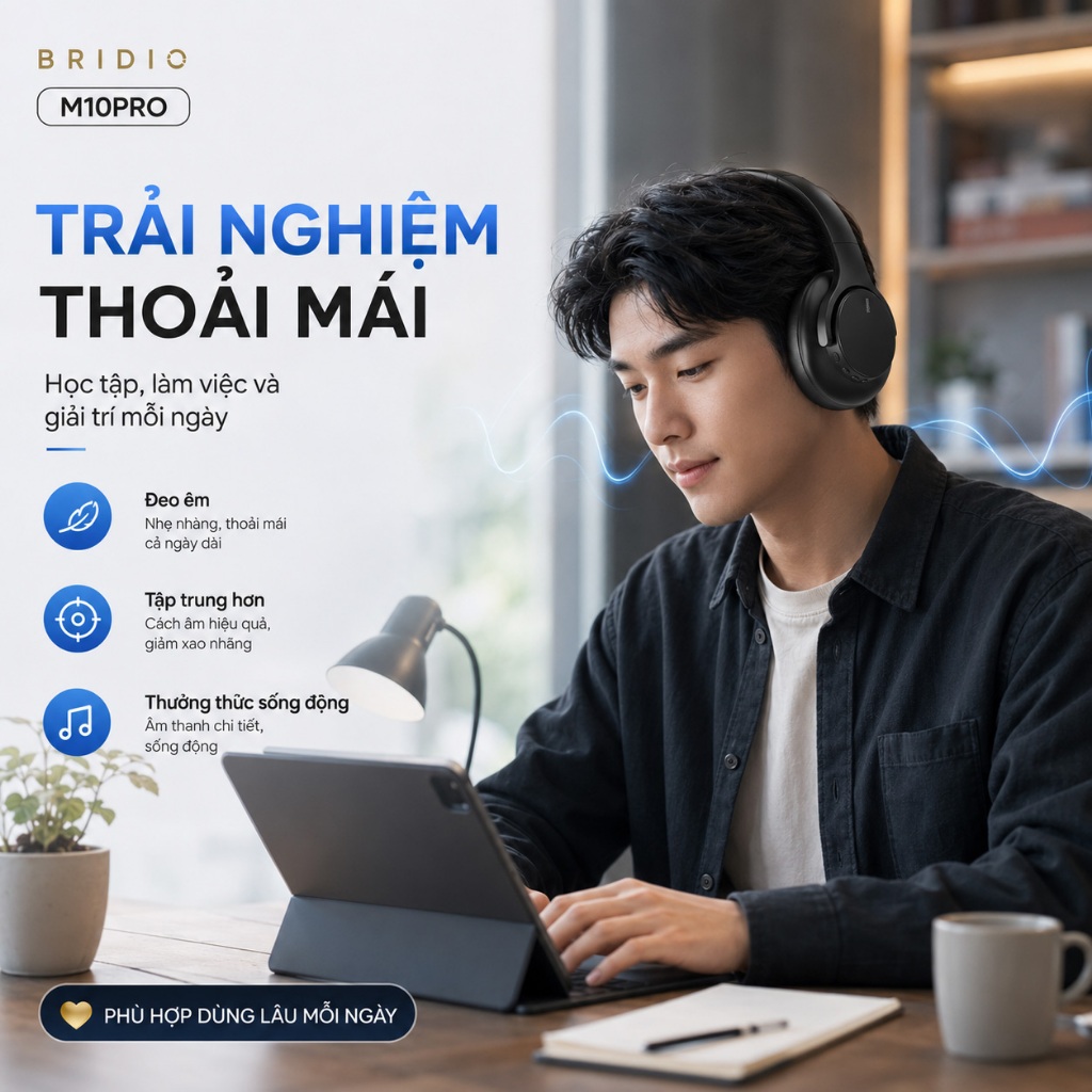 Tai Nghe Chụp Tai Bluetooth BRIDIO M10PRO ANC Chống Ồn Hifi Over Ear Bass Mạnh Đeo Êm | BigBuy360 - bigbuy360.vn