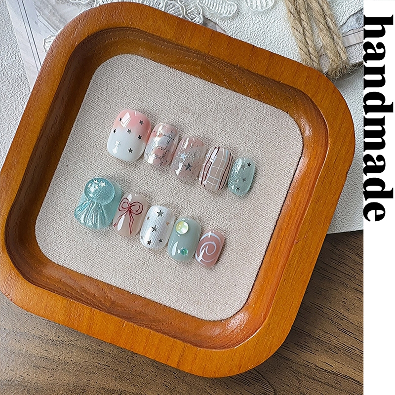 Bấm vào móng tay handmade Press on nails handmade Press on nails Candy Wearing nails | Màu xanh hồng