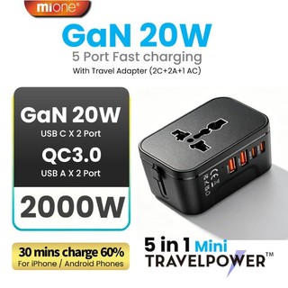 MIONE Bộ Chuyển Đổi Du Lịch Cắm USB C Sạc Nhanh GaN 20W Đa Năng Tất Cả Trong Một Thế Giới Du Lịch Sạc Nhanh PD3.0 5 Cổng Bộ Chuyển Đổi Nguồn Sạc Tường AC Cắm Điện Cho Hoa Kỳ EU UK AUS