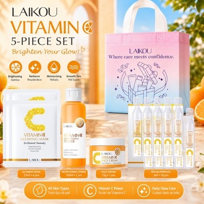 LAIKOU Vitamin C Bộ 5 Bộ Làm Sáng Da Toner Ampoule Serum Mặt nạ Làm Trắng Da Chống Sương Mù Spot Chăm Sóc Mặt Hộp Quà Tặng