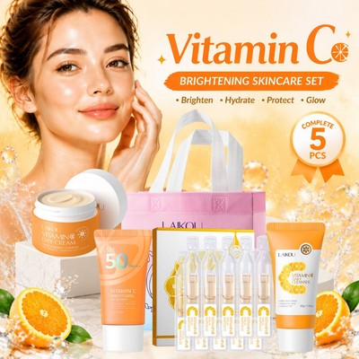 LAIKOU Vitamin C Day Skincare Set 5 Bộ Chống Nắng Rửa Mặt Ampoule Serum Kem Chống Nắng SPF50 Làm Trắng Da Chống Tia UV Hộp Quà Tặng