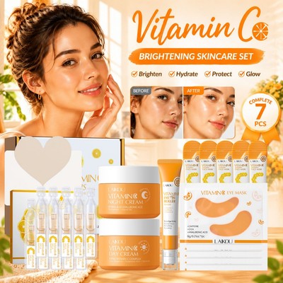 Bộ chăm sóc da LAIKOU Vitamin C 7 chiếc Bộ kem ngủ ban ngày cao cấp Ampoule Serum Mặt nạ mắt lăn mắt Mặt nạ ngủ Làm trắng da Chống lão hóa Hộp quà chăm sóc da mặt