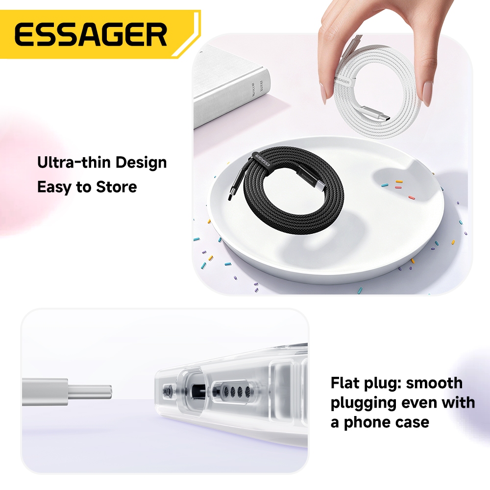 Cáp dữ liệu Essager C-C 100W với Chip đánh dấu điện tử Thiết kế siêu mỏng để lưu trữ dễ dàng | BigBuy360 - bigbuy360.vn