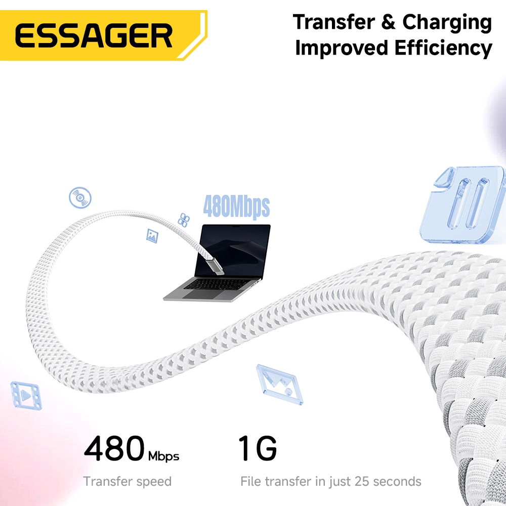 Cáp dữ liệu Essager C-C 100W với Chip đánh dấu điện tử Thiết kế siêu mỏng để lưu trữ dễ dàng | BigBuy360 - bigbuy360.vn
