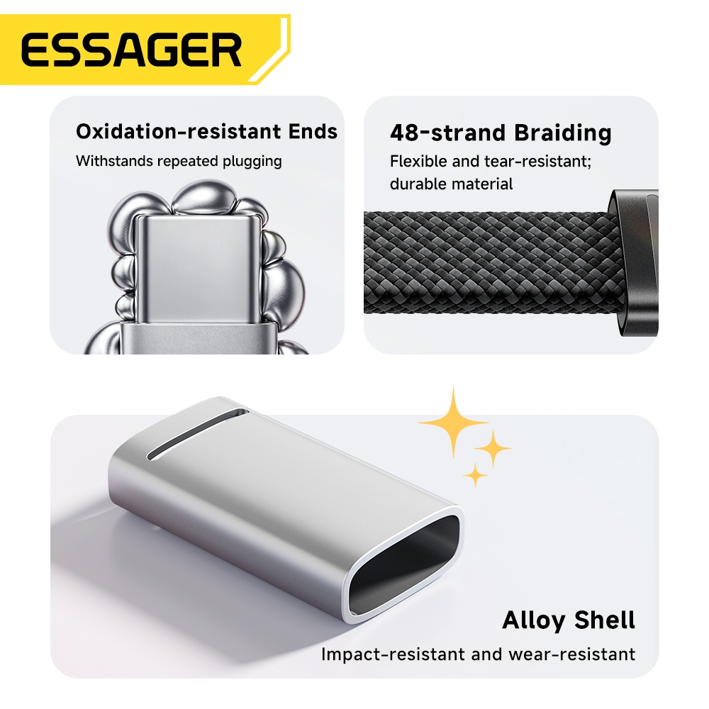 Cáp dữ liệu Essager C-C 100W với Chip đánh dấu điện tử Thiết kế siêu mỏng để lưu trữ dễ dàng | BigBuy360 - bigbuy360.vn