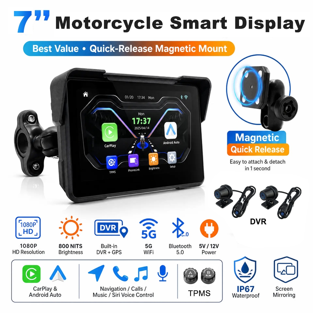 Điều hướng xe máy 7 "Carplay không dây Android Auto Camera kép Dashcam TPMS GPS 32G Phát hành nhanh