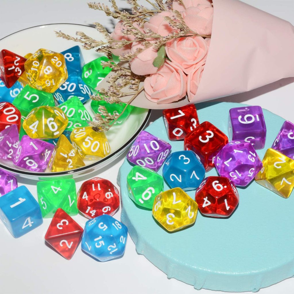 Bộ xúc xắc DND 5 × 7, 35 miếng xúc xắc DND cầu vồng trong suốt cho chuột chơi Game trên bàn RPG MTG
