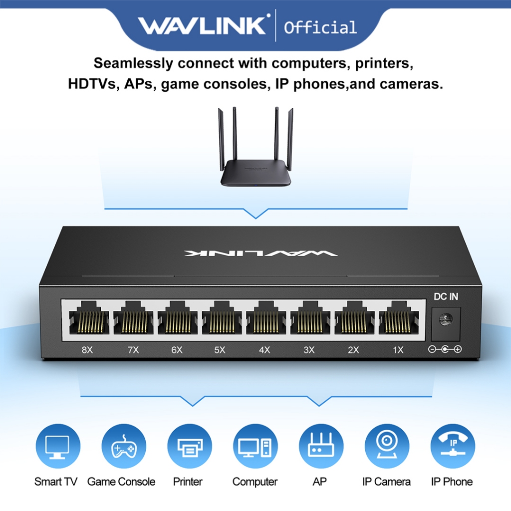 Công tắc Gigabit 8 cổng WAVLINK | Hub mạng không quạt bằng kim loại, phích cắm và chạy