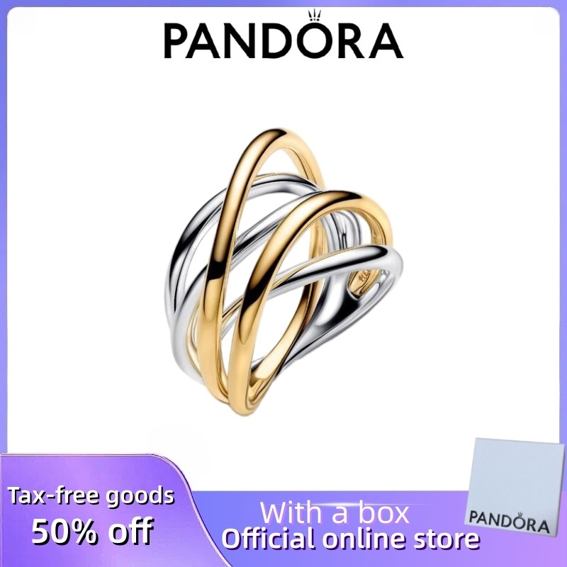 Bán chạy 100% S925 Bạc Pandora Cặp đôi nữ DIY Quà tặng sinh nhật Nhẫn dệt đôi nhẫn vàng bạc