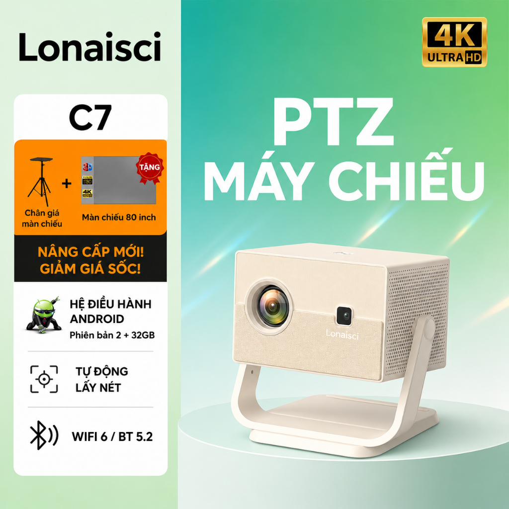 Lonaisci C7 360° Máy Chiếu Xoay Máy Chiếu 4K Kết Nối 4K wifi Máy Chiếu Bluetooth 4K android Google S