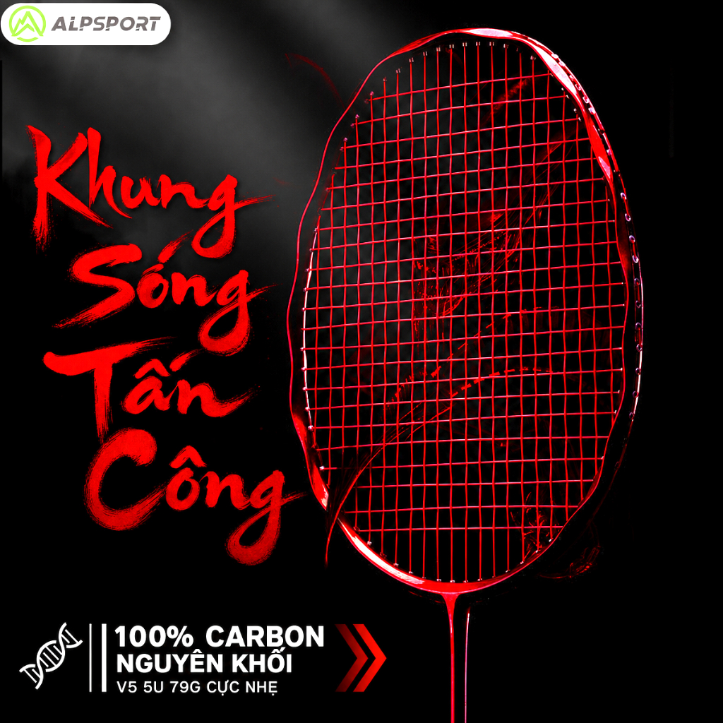 Vợt Cầu Lông ALPSPORT V5 PRO MXH Sợi Carbon 100% 5U 77g Khung Sóng Đệm Kiểu Tấn Công Màu Đỏ Trắng Hồ