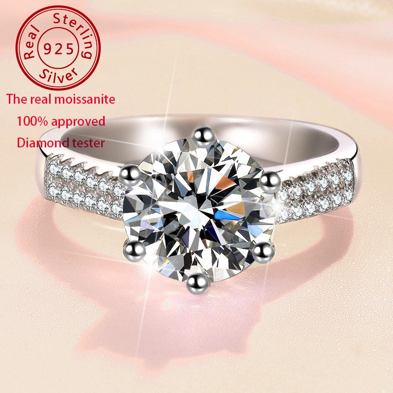 Nhẫn moissanite 3 carat có giấy chứng nhận, Nhẫn bạc Fashion Star Queen S925, kim cương nữ