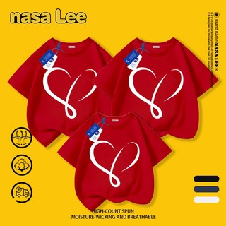[Giao hàng trong ngày] NASA Phụ huynh và con cái Mặc Cotton nguyên chất màu đỏ thoáng khí Gia đình cổ tròn ba dòng hoạt hình dáng rộng Áo thun dễ thương in họa tiết tiệc gia đình tay ngắn du lịch