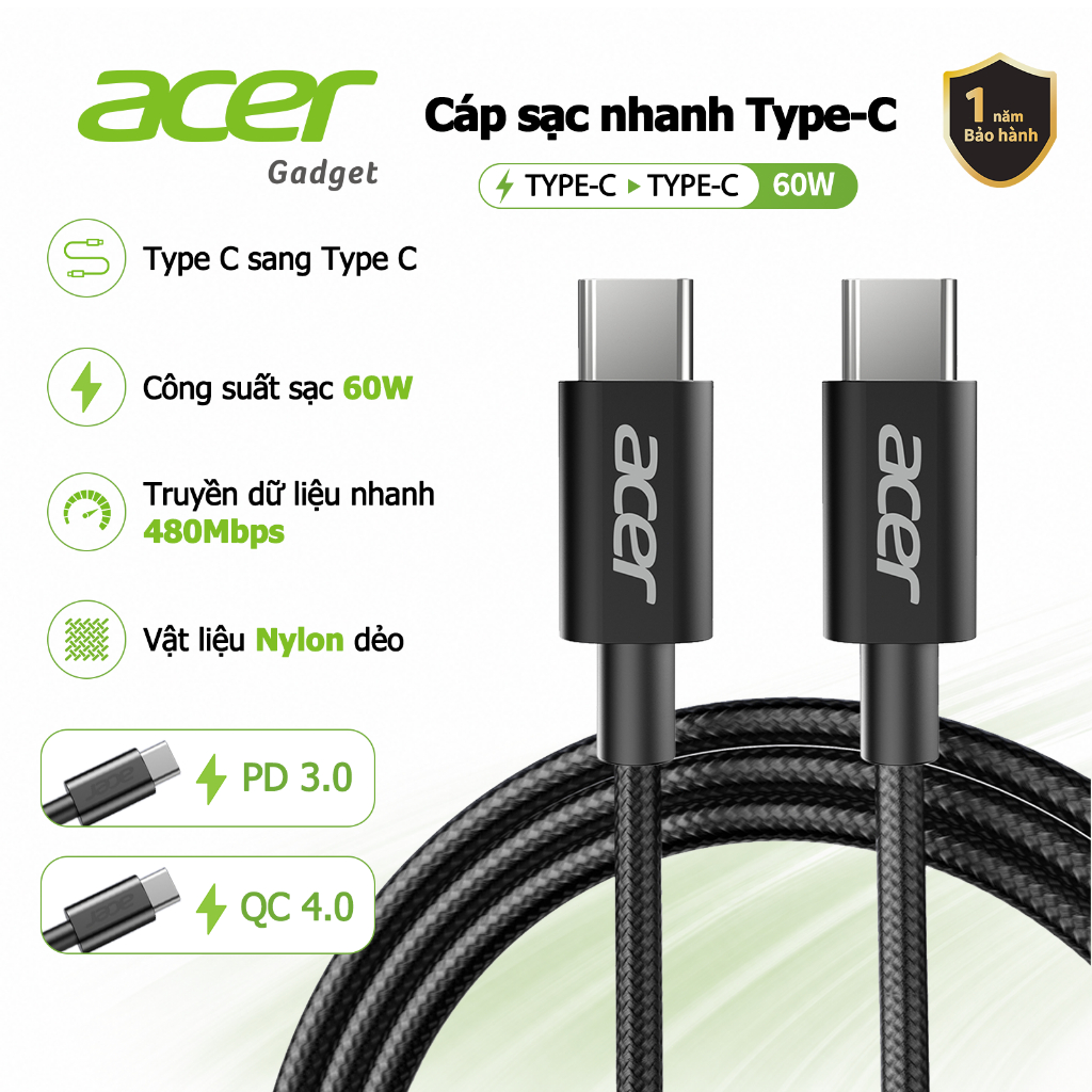 Acer Dây cáp sạc nhanh Type C IP 60W USB-C sang USB-C cáp bện truyền dữ liệu 480Mbps có đầu nối nhôm cáp USB-C bền và chống uốn cong cho Mac UC0020 IP15 16 17 18 pro