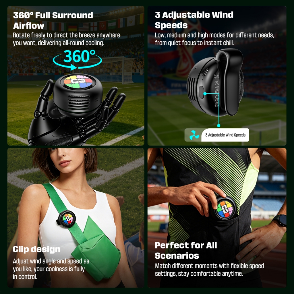 FIFA F26F01 — Thiết kế di động, Thời lượng pin cực dài, Vận hành êm ái, Điều chỉnh luồng gió vô cấp, Làm mát 360° — Được thiết kế dành cho việc theo dõi thể thao ngoài trời. | BigBuy360 - bigbuy360.vn