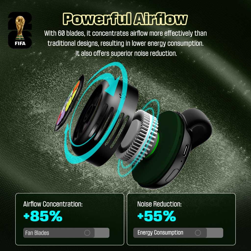 FIFA F26F01 — Thiết kế di động, Thời lượng pin cực dài, Vận hành êm ái, Điều chỉnh luồng gió vô cấp, Làm mát 360° — Được thiết kế dành cho việc theo dõi thể thao ngoài trời. | BigBuy360 - bigbuy360.vn